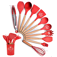 Набір кухонного приладдя з підставкою Kitchen Set 12 предметів аксесуари силіконові для кухні червоний, фото 4