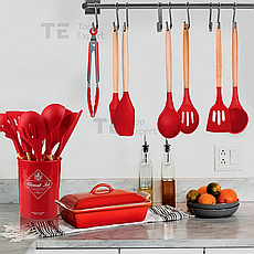 Набір кухонного приладдя з підставкою Kitchen Set 12 предметів аксесуари силіконові для кухні червоний, фото 5