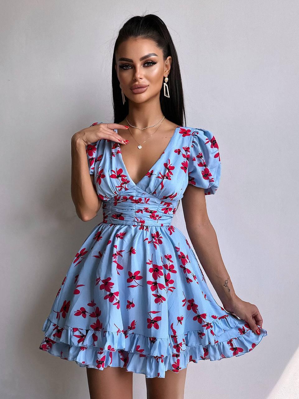 Модна сукня міні з пишною спідницею та драпіруванням на талії квітковий принт Smb9139