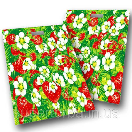 Поліетиленовий пакет з прорізною ручкою "Полуниця" розмір 45х45+3 Леомі 50 шт/уп., фото 1