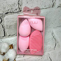 Набір спонжів для макіяжу 3 бьюті спонжі та силіконова мийка для пензлів Рожеві ST24-224-2