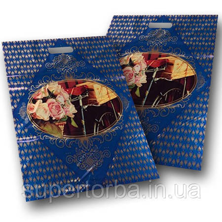 Пакети поліетиленові з прорубною ручкою розмір 42х50+3 Велосипед Романтик 25 шт/уп., фото 1