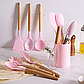 Набір кухонного приладдя з підставкою Kitchen set 12 предметів аксесуари силіконові для кухні рожевий, фото 6