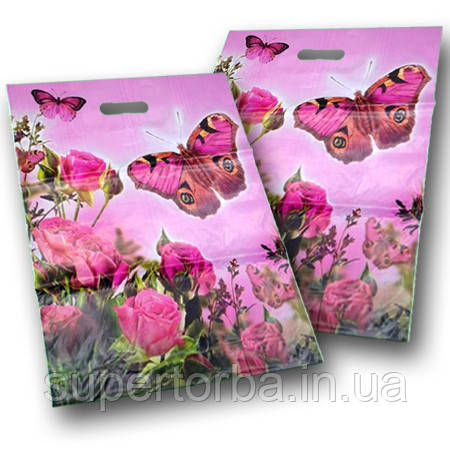 Пакет із прорубною ручкою поліетиленовий з малюнком розмір 42х50+3 "Метелик" ХВГ 25 шт/уп., фото 1