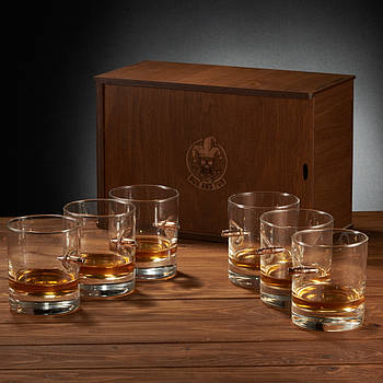 Набір 6-ти склянок для віскі з кулею 7.62 мм в дерев'яній коробці