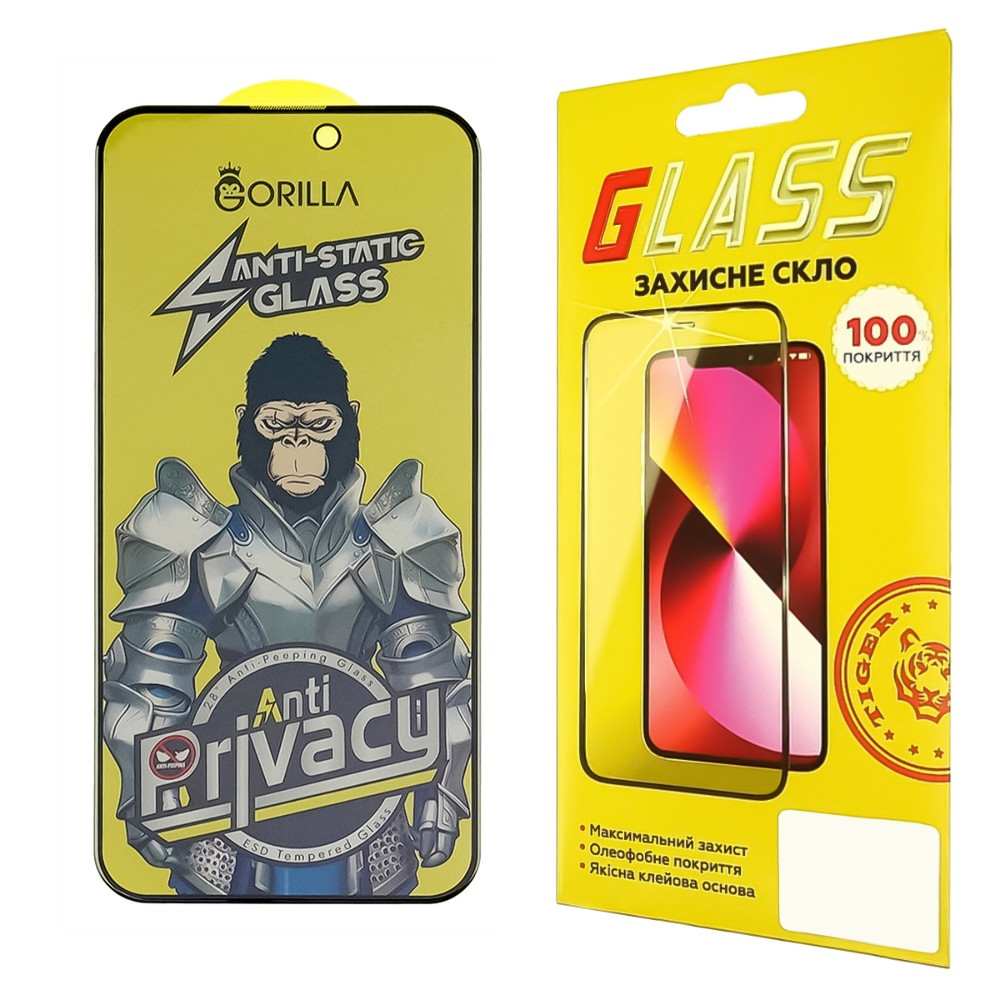 TU TU Защитное стекло для Apple iPhone 14 Pro/ 15 Full Glue Anti-Static Privacy (0.3 мм, чёрное)
