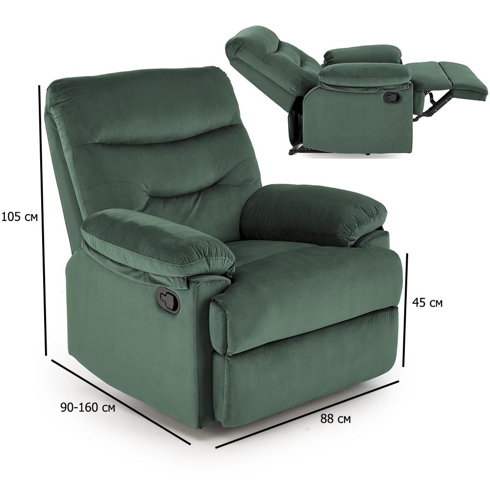 Крісло з підйомним механізмом для ніг Drager темно-зелений оксамит реклайнер для дому, фото 1