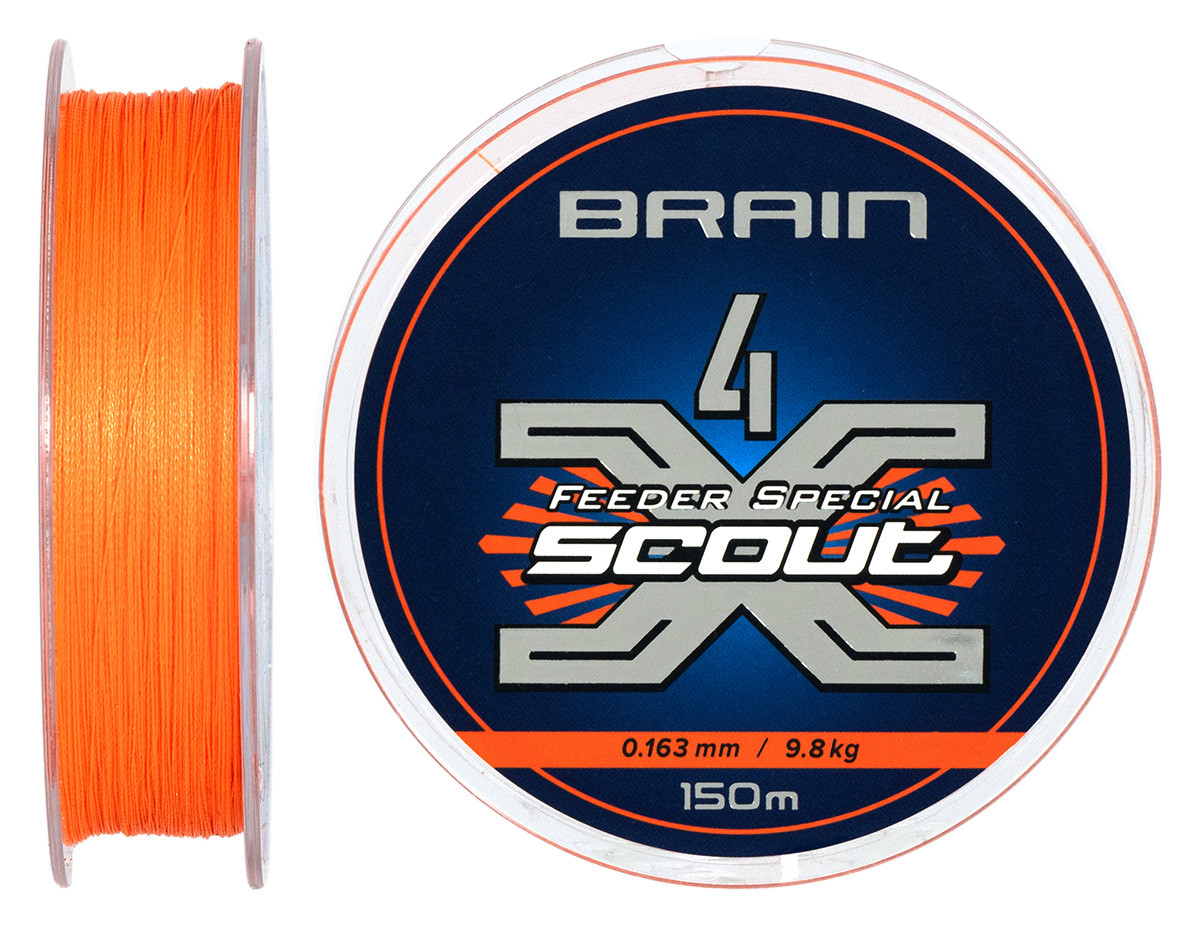 Шнур Brain Scout 4X 150m (fluoro Orange) 0.163mm 9.8kg для фідерної ловлі
