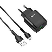 Мережевий зарядний пристрій Hoco C72Q USB QC + кабель USB to MicroUSB black