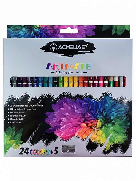 Олівці кольорові  "Acmeliae"  24rкол1шт двухстор (Neon Yellow+Pink), 1шт двухстор (зол+сер)43979