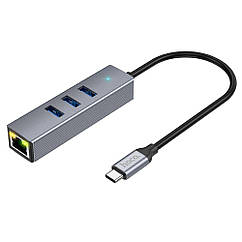USB Hoco HB34 Easy link Gigabit Ethernet adapter (Type C to USB3.0*3+RJ45) Колір Сірий