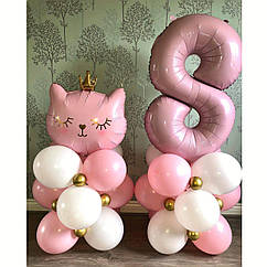 Набір куль у стилі Кішка, meow party рожева з цифрою
