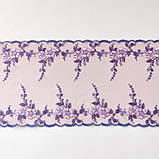 Ажурне мереживо вишивка на сітці: блакитна, рожева нитки на рожево-бузковій сітці, ширина 25 см, фото 6
