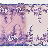 Ажурне мереживо вишивка на сітці: блакитна, рожева нитки на рожево-бузковій сітці, ширина 25 см, фото 5