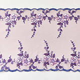 Ажурне мереживо вишивка на сітці: блакитна, рожева нитки на рожево-бузковій сітці, ширина 25 см, фото 3