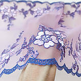 Ажурне мереживо вишивка на сітці: блакитна, рожева нитки на рожево-бузковій сітці, ширина 25 см, фото 7