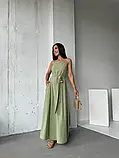 Літній жіночий довгий сарафан оливкового кольору з поясом із софту, фото 5