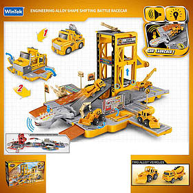 Гараж E7001 (12шт) 2в1(машина)м, звук, світло, будтехніка-метал 2шт, на бат(табл), в кор-ці, в кор-ці,