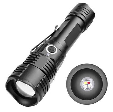 Тактичний ручний ліхтар кишеньковий акумуляторний ліхтарик PLD-11RGB із USB зарядкою та оптичним зумом, фото 1