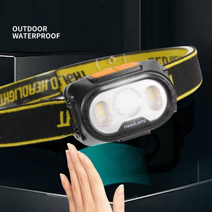 Ліхтар налобний 2303-XPE+4SMD(yellow+red) Motion Sensor Li-Ion акумулятор. ЗУ Type-C Box, фото 1
