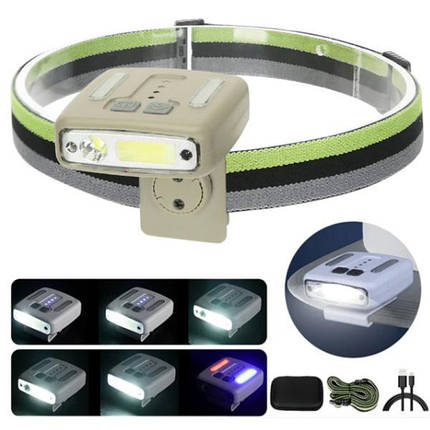 Ліхтар налобний W6129-XPE+COB+8RGB Motion Sensor Li-Ion акумулятор. індикація заряду кліпсу ЗУ Type-C чохол, фото 1