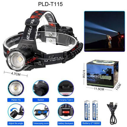 Ліхтар налобний PLD-T115-PM30-TG 2x18650 ЗУ Type-C zoom Box, фото 1