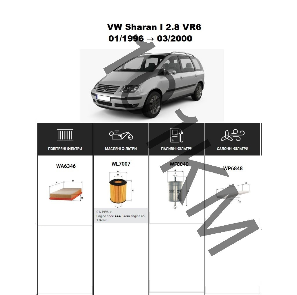 Комплект фільтрів VW Sharan 2.8 VR6 (1996-2000) WIX, фото 1