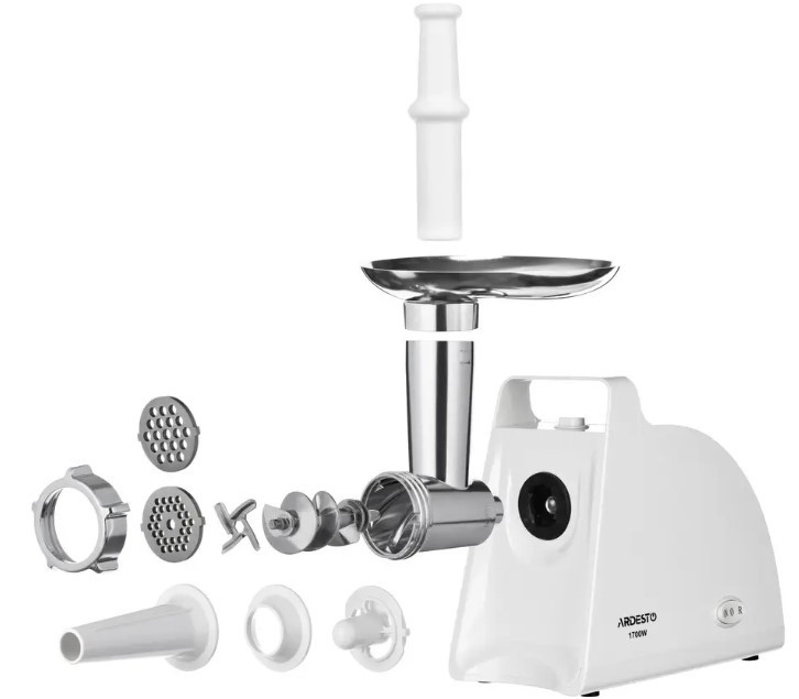 М'ясорубка Ardesto 1700Вт 1,6 кг/хв 2 решітки + для ковбас, кеббе, 2 терки, біла, фото 1