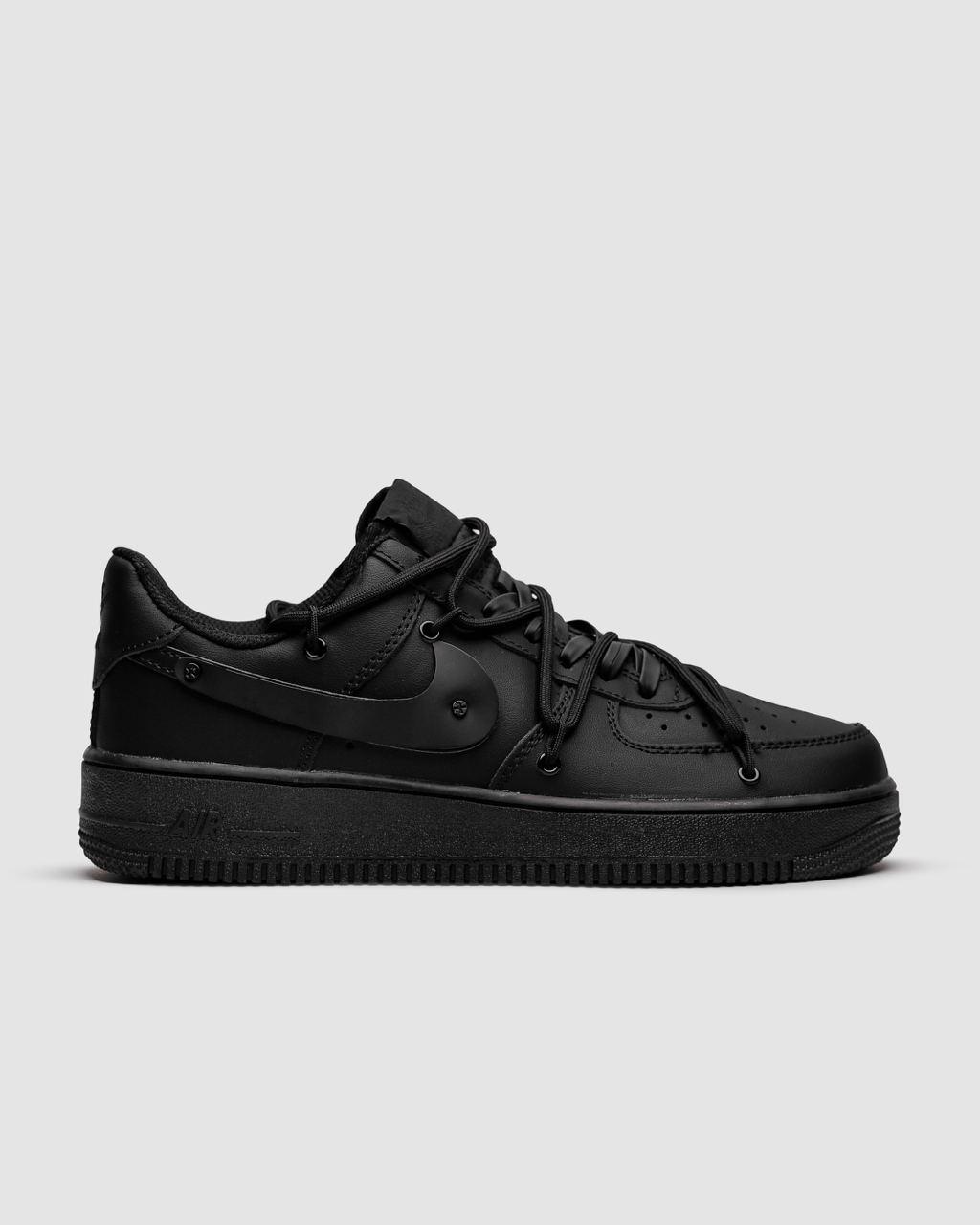 Кросівки чоловічі чорні Nike Air Force 1 Low Black Off shoelaces Custom (09119)