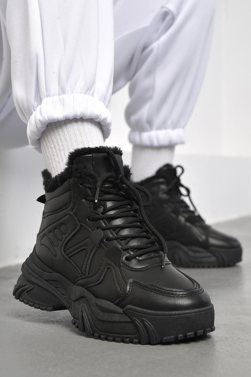 Кросівки жіночі на хутрі чорного кольору 182616T Безкоштовна доставка, фото 1