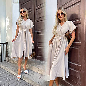 Бежева літня сукня міді на кулісці з американського крепу