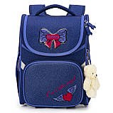 Ранець SkyName для дівчаток в школу 1 клас +ПОДАРУНОК Дитячий портфель синій з бантом Шкільний каркасний рюкзак для першокласників, фото 2