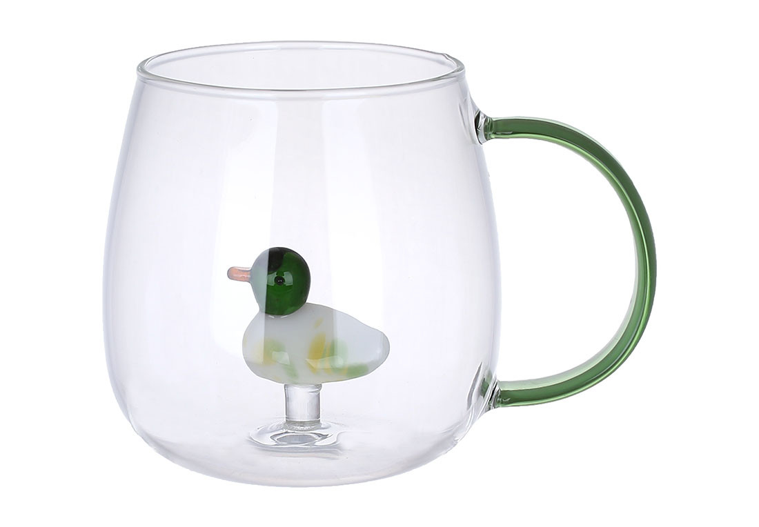 Кружка скляна з фігурою Качечка всередині 450мл, колір - прозорий із зеленим ТОВАР ВІД ВИРОБНИКА