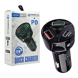 Автомобільна зарядка в прикурювачі автомобіля АЗУ WGS-G35Y-PD 2 USB 3.1A + QC3.0, Type-C 20W потужність 55W