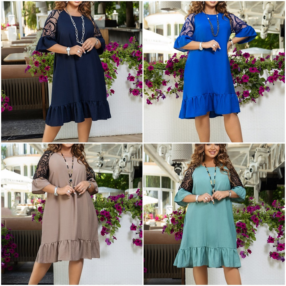 Літнє плаття з короткими рукавами довжини міді тканинні льон-жатка батальні розміри