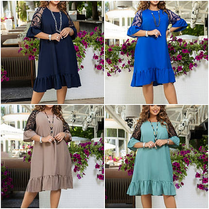 Літнє плаття з короткими рукавами довжини міді тканинні льон-жатка батальні розміри, фото 1