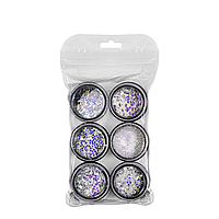 Набір декору для дизайну нігтів мерехтливі сріблясті фігури 6 форм в упаковці (GC-39)