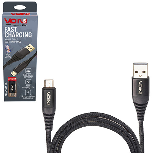 Кабель  VOIN CC-4202M BK USB - Micro USB 3А, 2m, black (быстрая зарядка/передача данных), фото 1