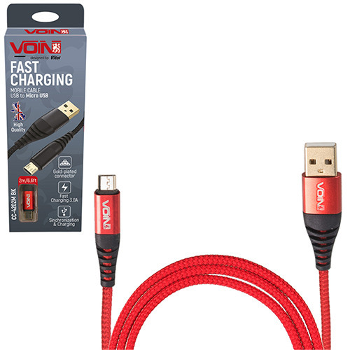 Кабель  VOIN CC-4202M RD, USB - Micro USB 3А, 2m, red (быстрая зарядка/передача данных), фото 1