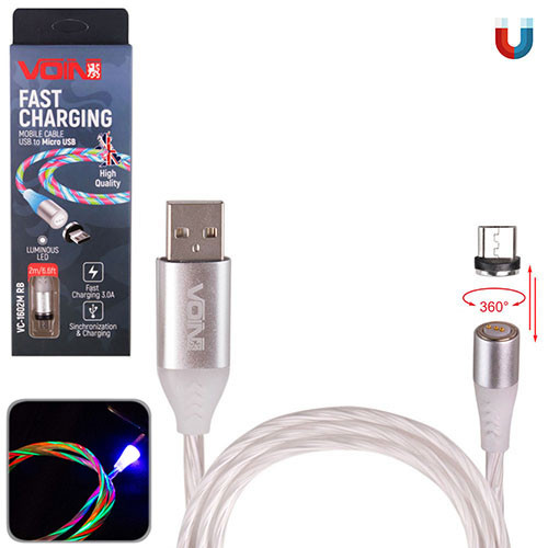 Кабель магнітний Multicolor LED VOIN USB — Micro USB 3 А, 2 m (швидке заряджання/передавання даних, фото 1