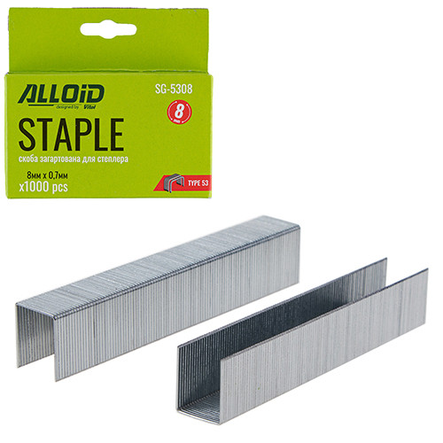 Alloid. Скоба гартована для будівельного степлера 8 мм х 0,7 мм, тип 53 (1000 шт.), фото 1