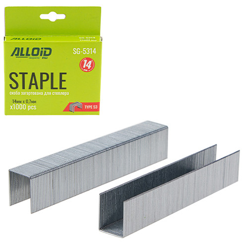 Alloid. Скоба гартована для будівельного степлера 14 мм х 0,7 мм, тип 53 (1000 шт.), фото 1