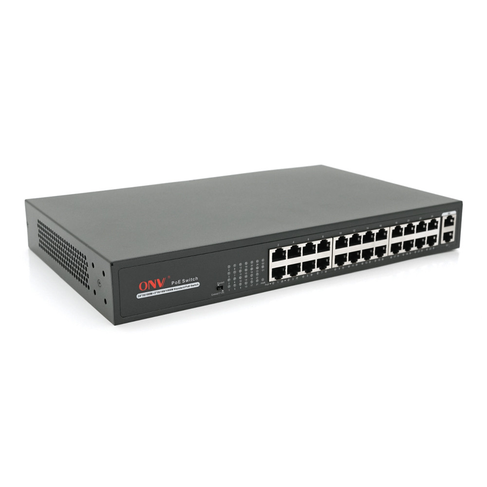 24х портовий PoE комутатор ONV-H1024PLS 24 порти РоЕ 100 Мбіт + 2 Uplink 1000 Мбіт, до 250м, IEEE802.3af/at ,