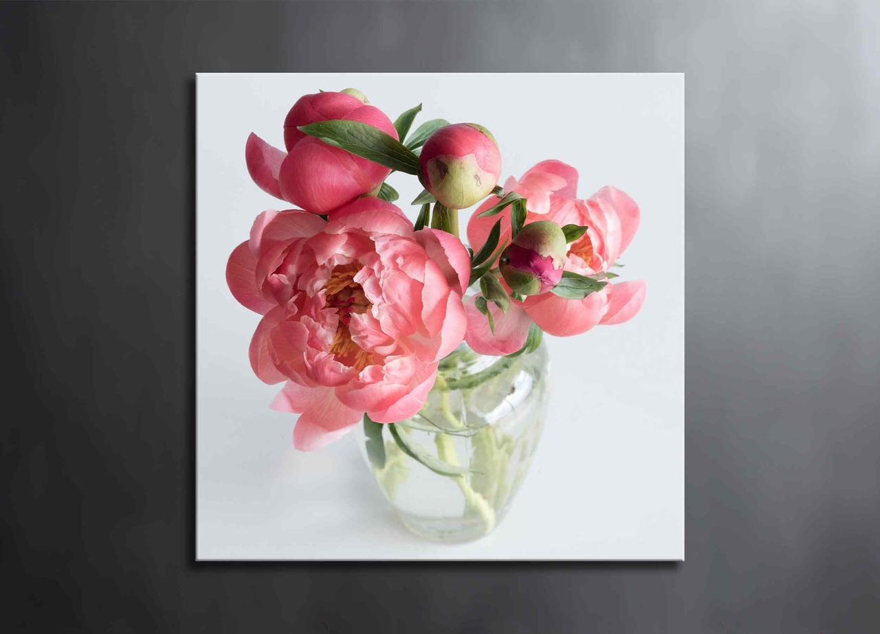 Картина Рожеві Півонії у скляній вазі Фотокартина на Полотні з Квітами Красивий Букет з Півонями Декор VE