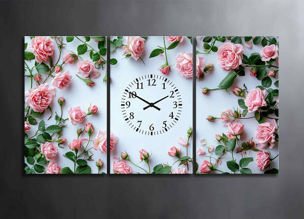 Модульна Картина Рожеві Троянди на Світлому Фоні Ніжні Квіти на Стіну Картина з Годинниками Декор VE, фото 1