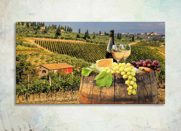 Картина Винні Поля Іспанський Натюрморт на фоні Гор Пейзаж з Вином Красива Яскрава Картина з Бокалами Вина VE, фото 1
