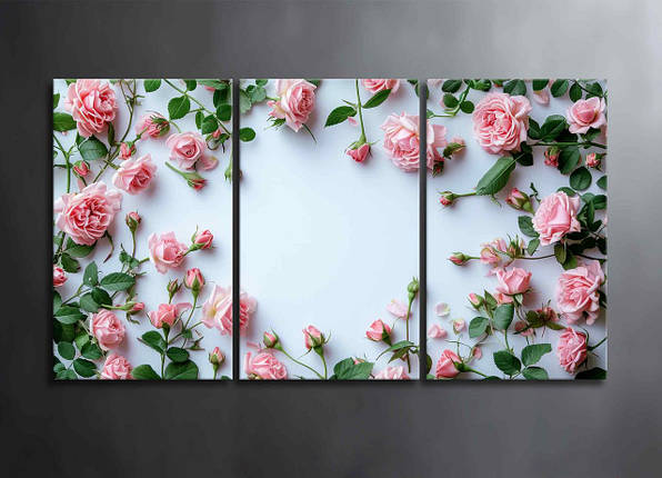 Модульна Картина Рожеві Троянди на Світлому Фоні Квіти на Стіну Картина Яскравий Настінний Декор VE, фото 1