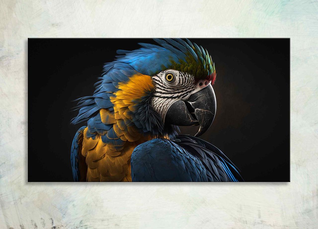 Картина Синьо-Жовтий Папуга на Чорному тлі Яскравий Декор на Стіну з Папугою Ара VE