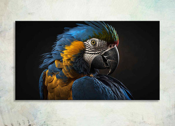 Картина Синьо-Жовтий Папуга на Чорному тлі Яскравий Декор на Стіну з Папугою Ара VE, фото 1