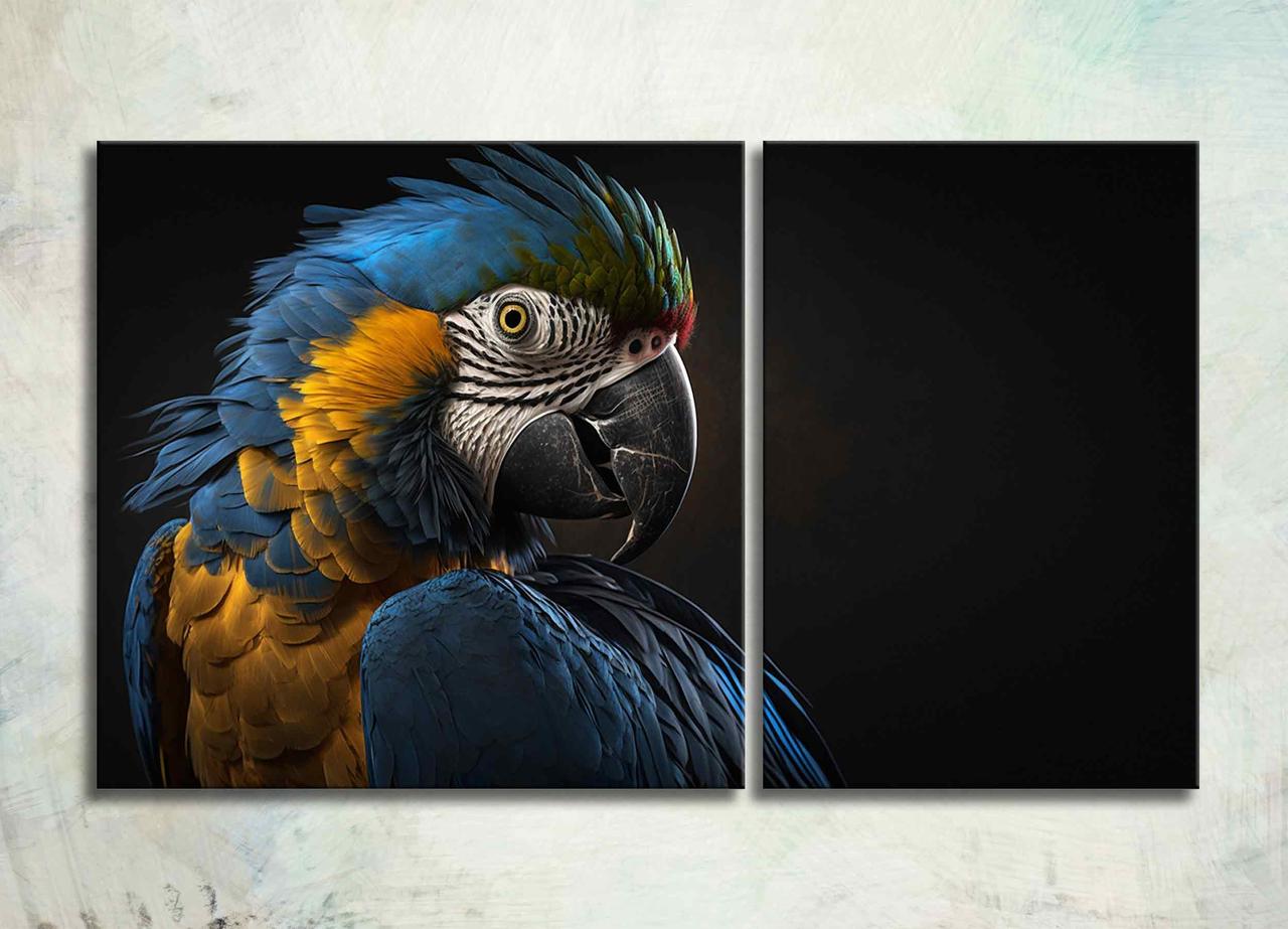 Модульна Картина Жовто-синій Папуга на Чорному тлі Декор на Стіну з 2 частин Картина з Папугою Ара VE